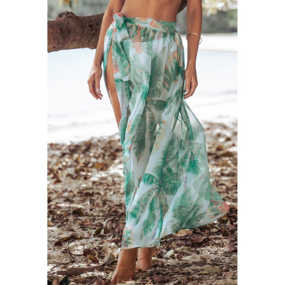 Cupshe Tropical Palm Print Sheer Sarong Maxi Wrap Skirt Green Small
